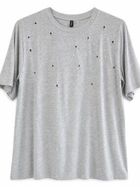 H&M Divided Gray Grommet Rhinestone Embellished  Loose Fit T-Shirt Size Small